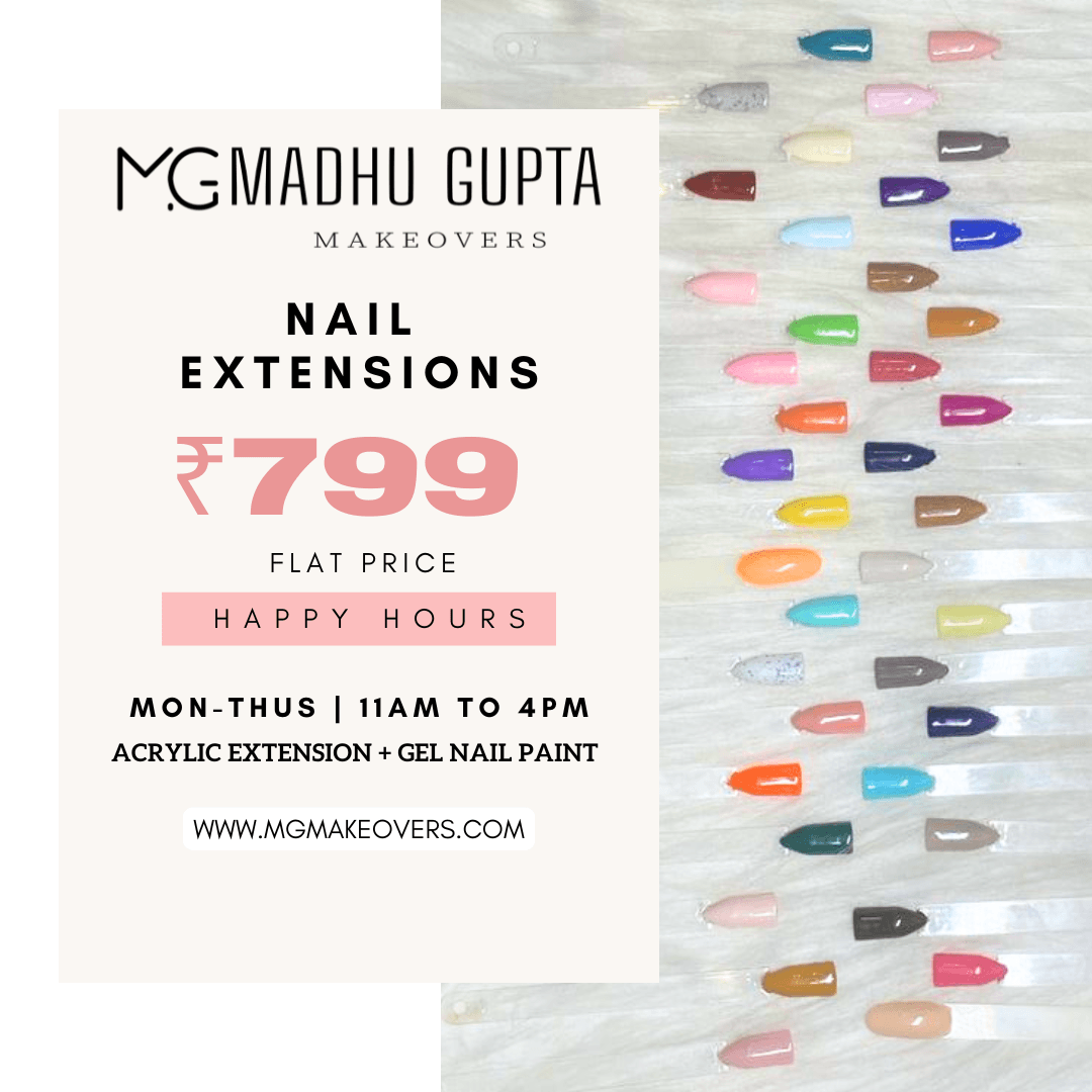Acrylic Extensions with Gel Paint for Just ₹799 at MG Makeovers in Happy Hours which are between 11AM to 4PM, Mondays to Thursday Only