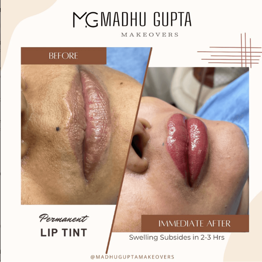 Professional lip shading session at MG Makeovers showing a technician applying pigment to a client's lips for a fuller and more defined look