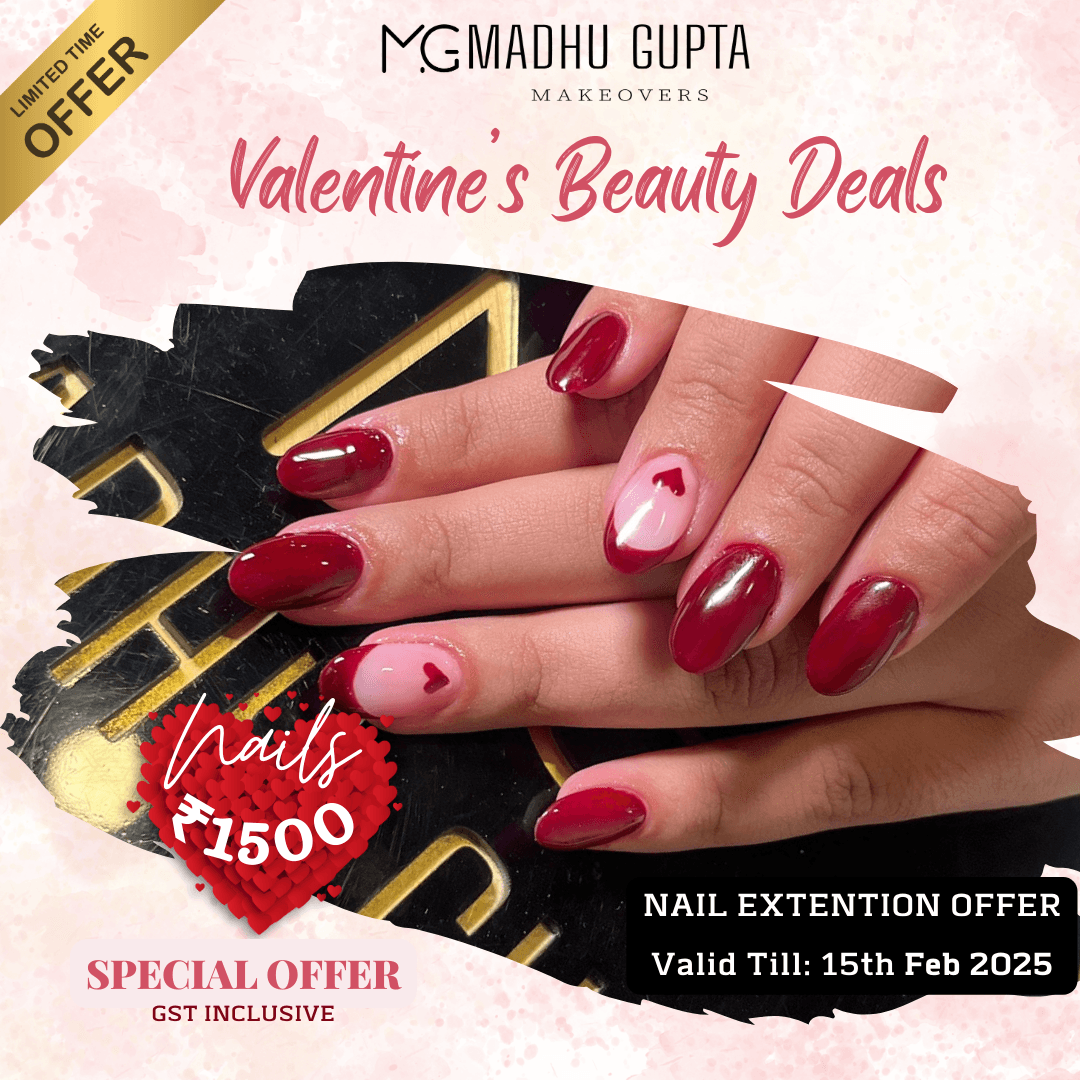 Beautiful nail extensions in Gurgaon for Valentine's Day – Gel, acrylic, French tips, and glitter designs at MG Makeovers.