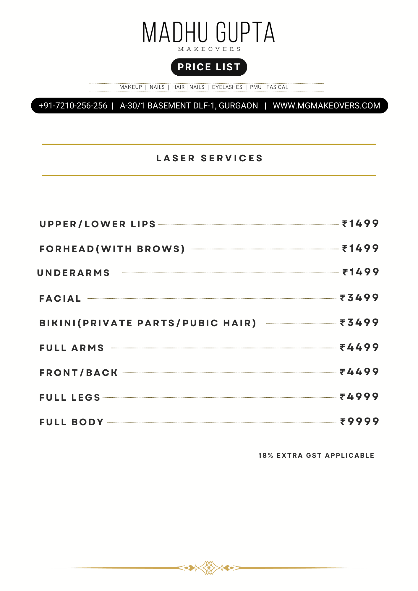 Laser Hair Removal Price chart & Menu