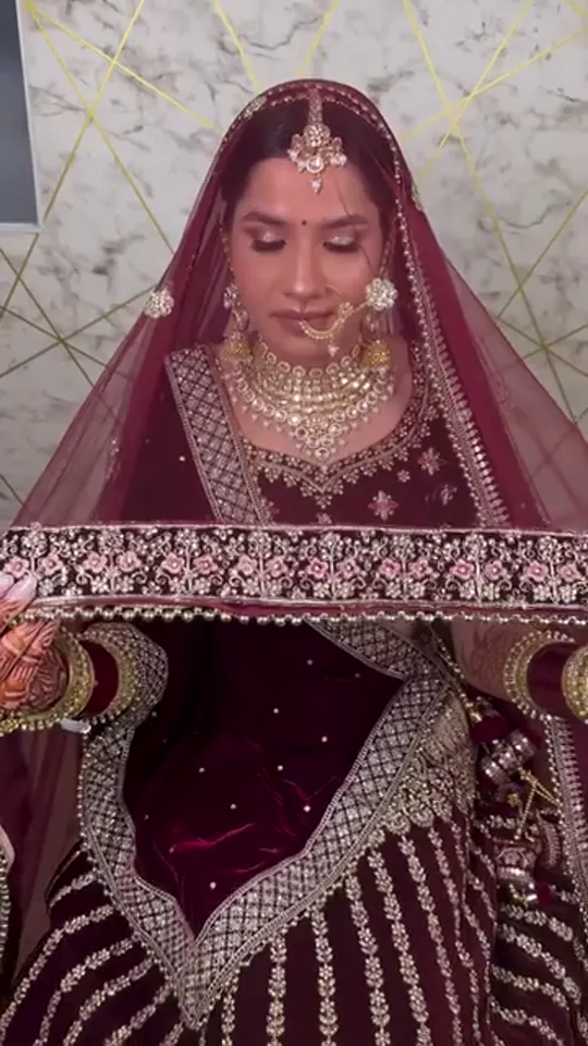 Maroon Velvet Lehenga with Veil