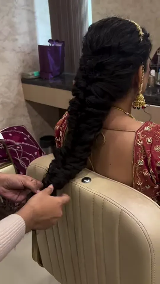 Braided Bridal Hairstyle with Red Lehenga — real bride with makeup by Madhu Gupta at MG Makeovers