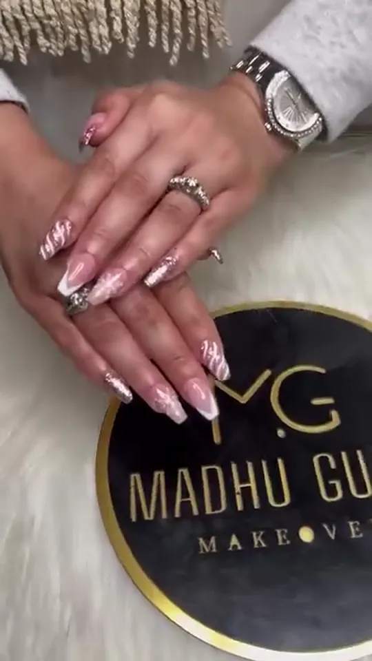 Pink and White Glitter French